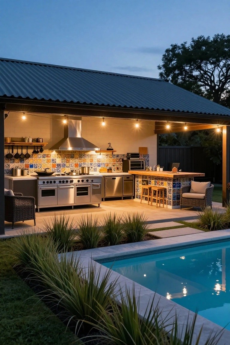 Outdoor kitchen under a corrugated metal roof with stainless steel range, double ovens, dishwasher, colorful tiled bar counter with stools, string lights, and adjacent in-ground pool at dusk.