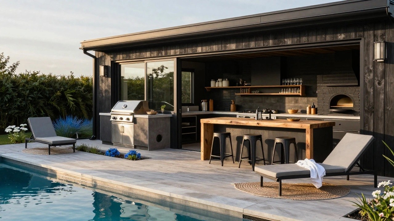 Black timber pool house with open kitchen including gas grill, wood bar with black stools, pizza oven, and lounge chairs next to a rectangular turquoise pool on a concrete deck surrounded by plants.