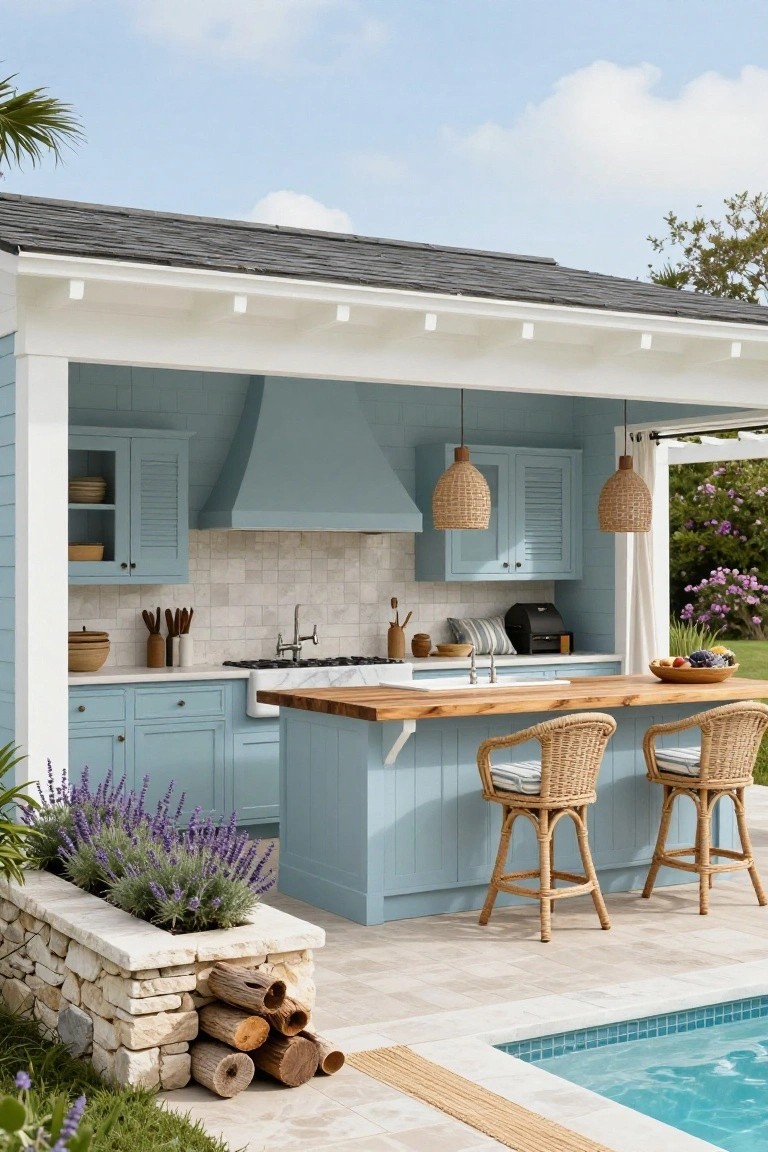 Covered outdoor kitchen in a pool house with light blue cabinets, white subway tile backsplash, wood island with two rattan bar stools, stone planter of lavender, firewood stack, and swimming pool nearby.