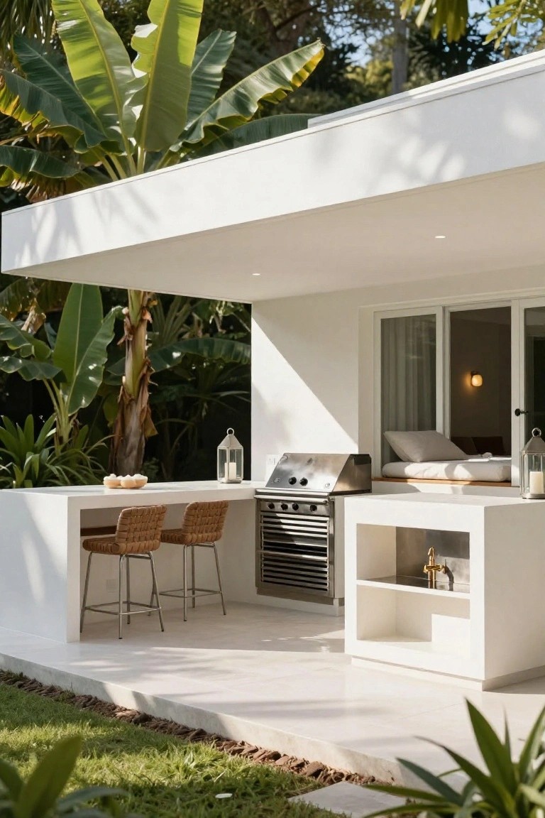 White L-shaped outdoor kitchen counter with built-in stainless steel grill, sink, rattan bar stools, lanterns, and tropical plants around a covered patio next to a modern house wall with windows.
