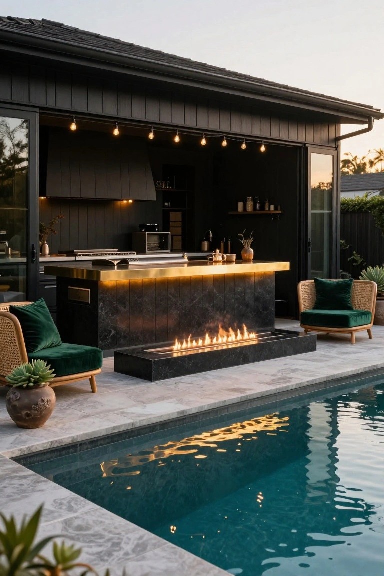 Black outdoor kitchen island with brass countertop and linear gas fire pit along one side, green upholstered chairs on tiled deck next to turquoise pool at dusk.