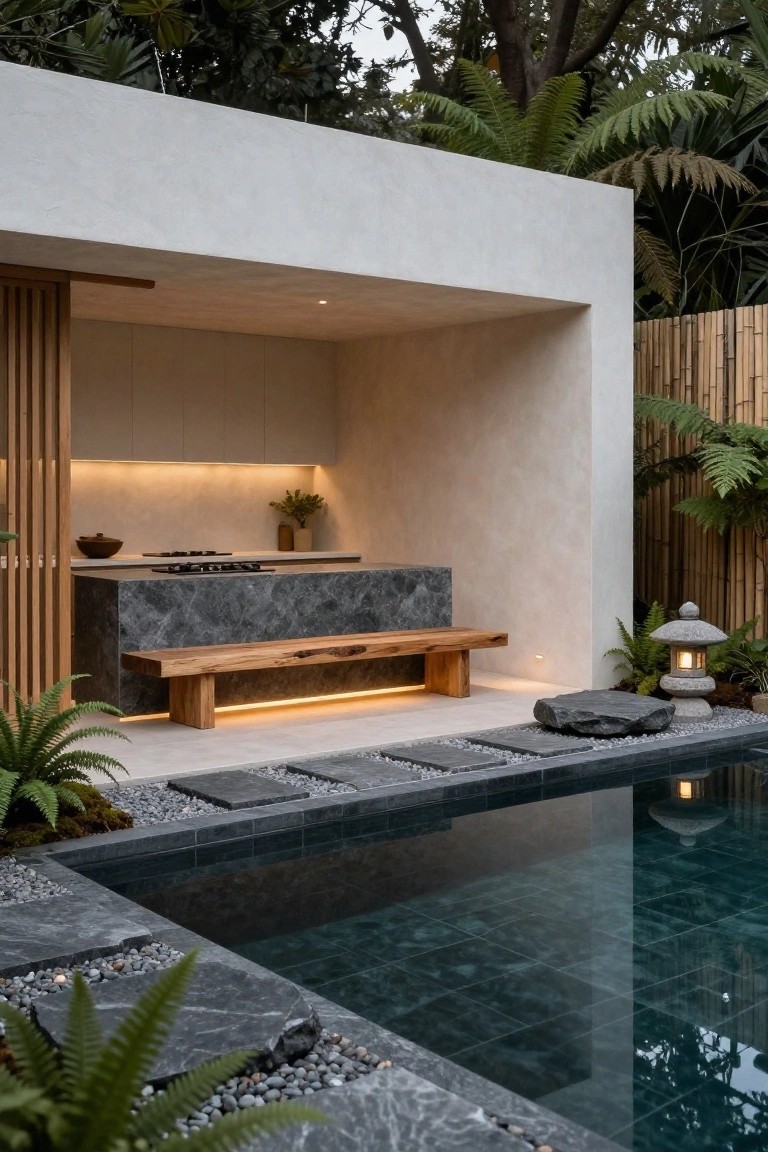 Outdoor kitchen pavilion with dark gray stone countertop, integrated wooden bench seating, small turquoise pool nearby, bamboo fencing, ferns, and stone lantern.