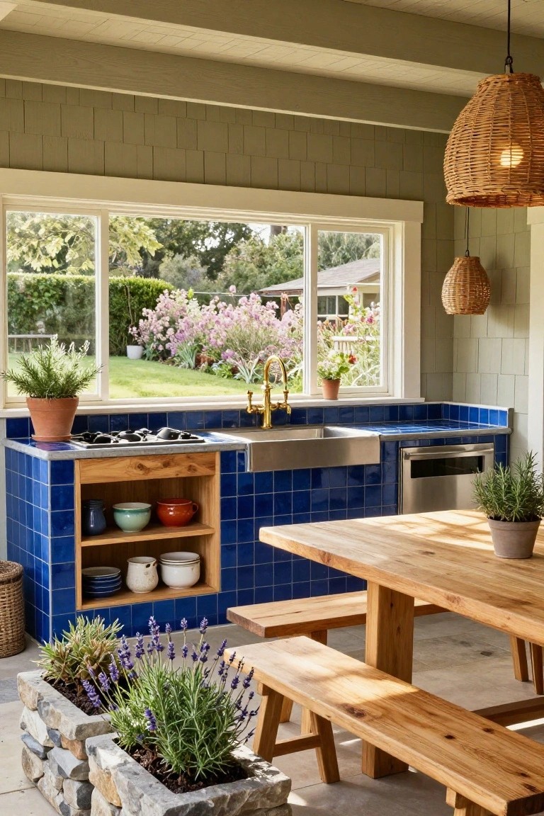 Outdoor kitchen area with blue tiled counters and backsplash, gas stove, farmhouse sink, dishwasher, wooden open shelving, wooden dining table and benches, potted plants, hanging rattan lights, and large window showing garden view.