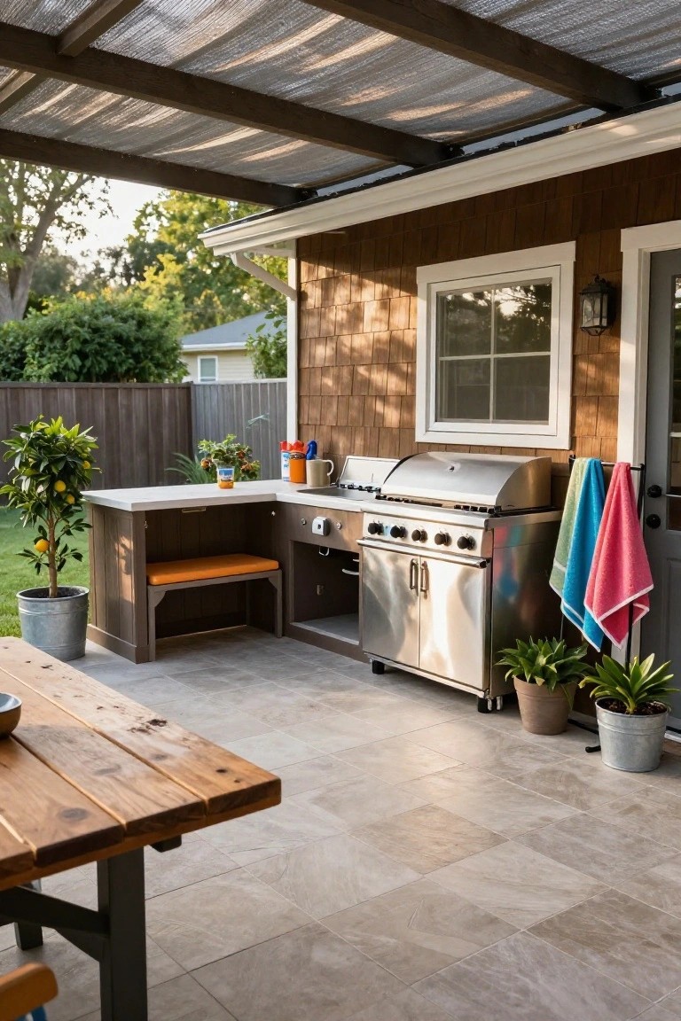Outdoor patio under a shaded pergola with a built-in kitchen counter including a stainless steel grill, sink, and bench seat with orange cushion, wooden table, potted plants, and colorful towels on the grill.