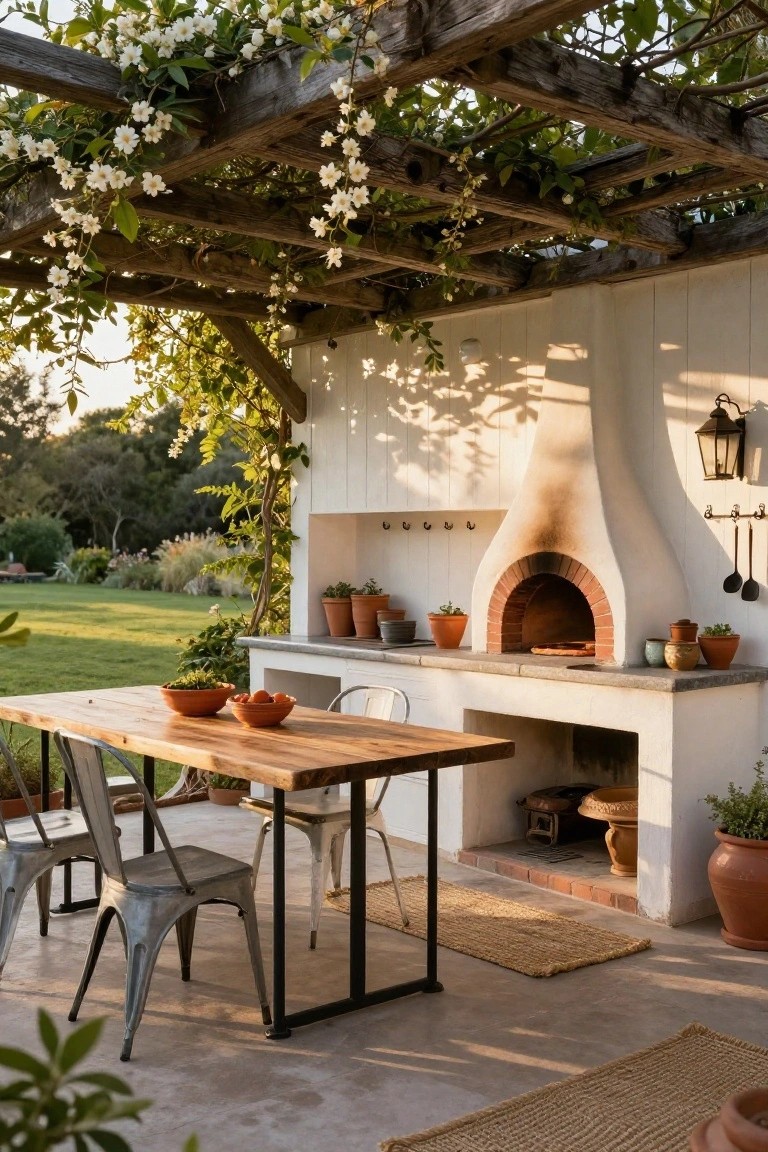 Outdoor kitchen built into a white stucco wall with a brick wood-fired pizza oven, wooden dining table with metal chairs, potted plants, and vine-covered wooden pergola overlooking a green lawn.