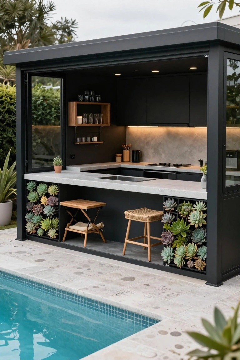 Black outdoor kitchen pavilion with concrete bar top, sink, cooktop, two stools, vertical succulent planters on cabinet ends, glass sliding walls open to poolside patio.