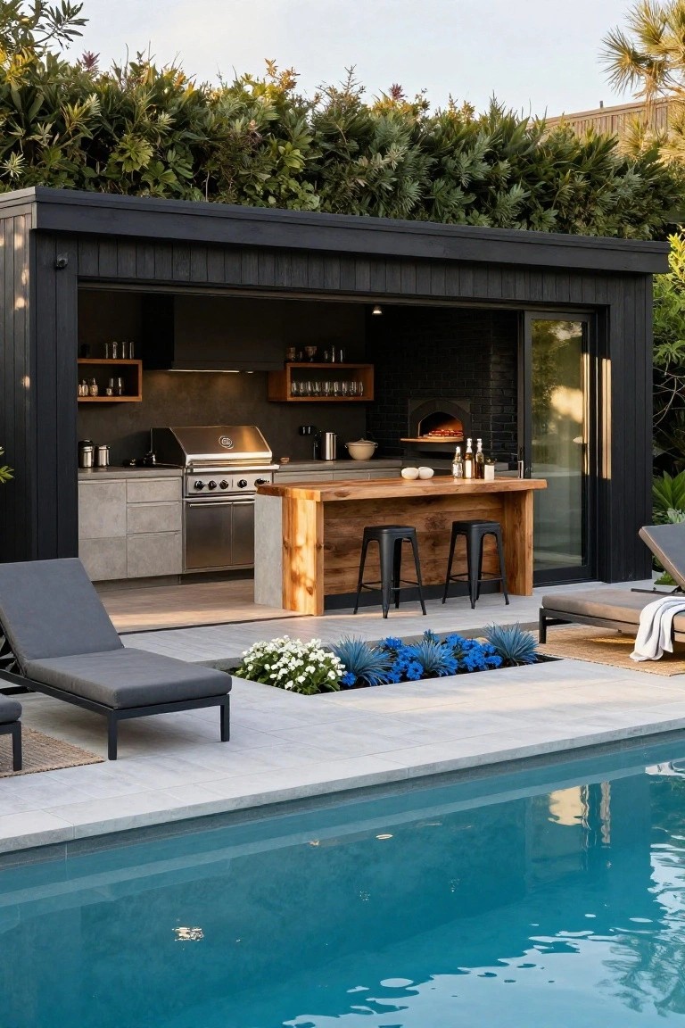 Black timber pool house with open kitchen including gas grill, wood bar with black stools, pizza oven, and lounge chairs next to a rectangular turquoise pool on a concrete deck surrounded by plants.
