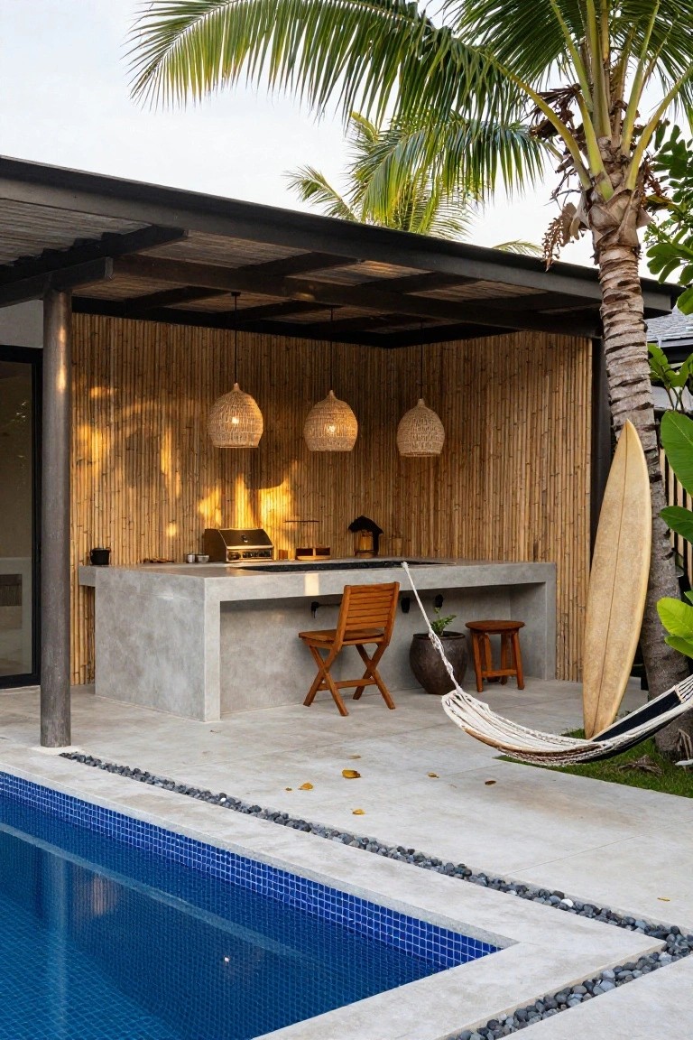 Outdoor kitchen with bamboo-paneled walls, concrete countertop, built-in grill, wooden stools, hanging pendant lights, hammock, surfboard, and adjacent blue mosaic pool surrounded by palm trees and pebble edging