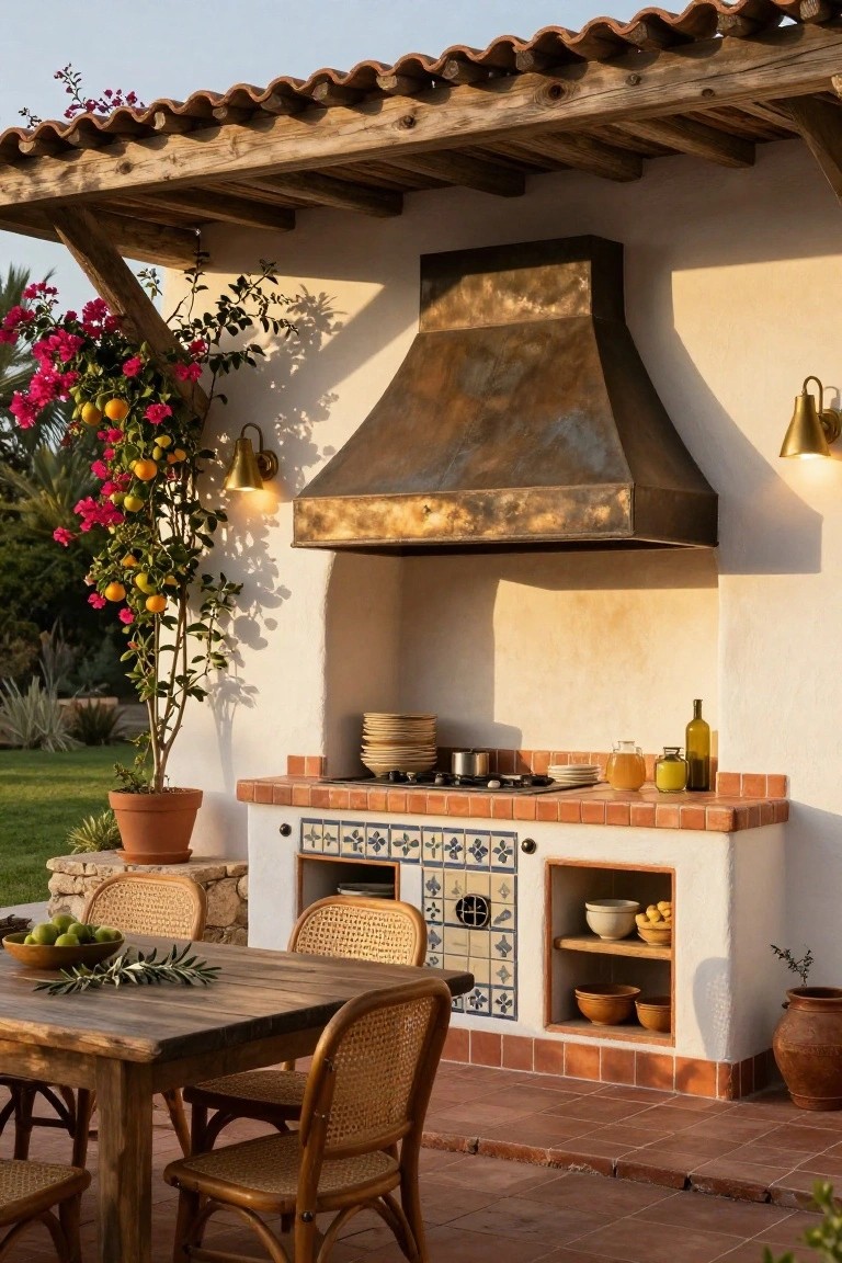 Outdoor kitchen integrated into white stucco wall with terracotta countertop, brass range hood, blue-and-white tiled cabinets holding dishes and jars, wooden dining table with rattan chairs, potted plants, and bougainvillea vine nearby.