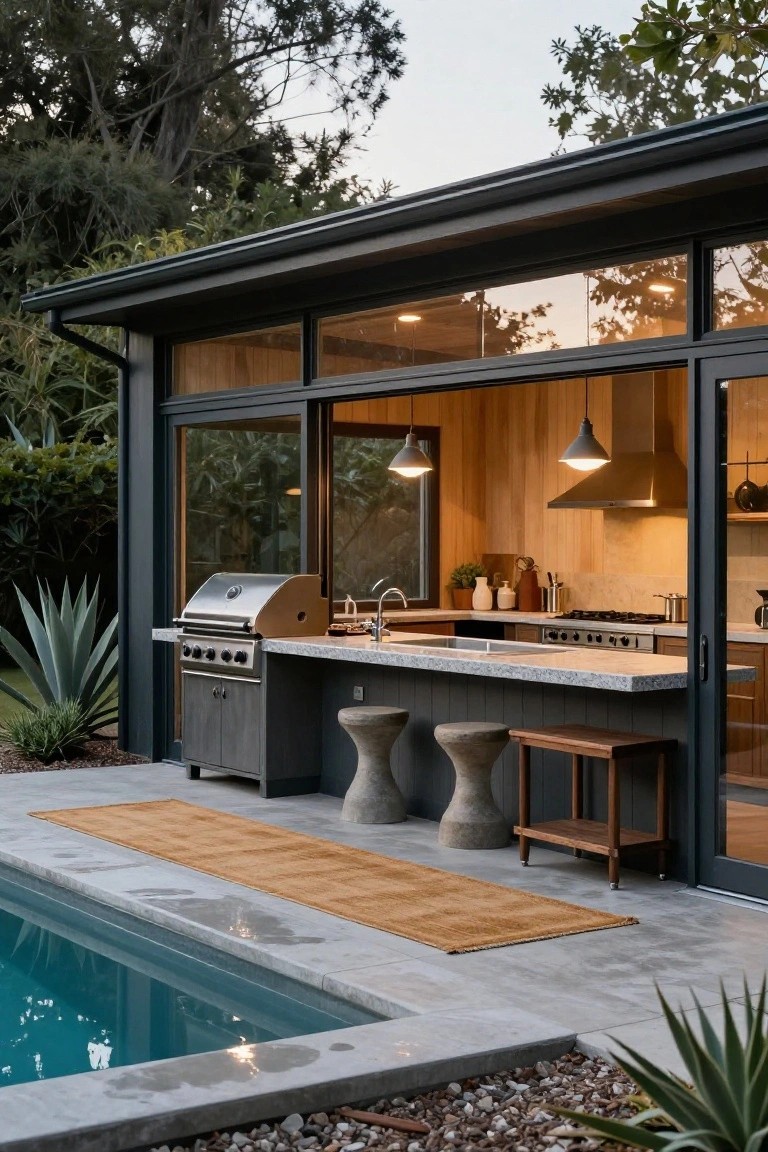 Black-framed modern pool house with open sliding glass doors revealing wooden interior kitchen, outdoor stainless steel grill on quartz countertop bar with concrete stools, next to turquoise pool on gray concrete patio with agave plants and gravel.