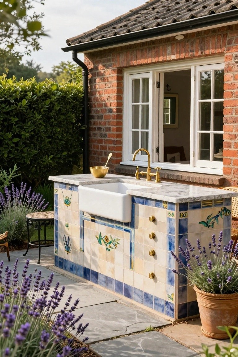 Outdoor sink unit with white farmhouse sink, gold faucet and knobs, blue and beige decorative tiles on cabinet front, brass bowl nearby, lavender plants in pots, and brick house wall with open windows behind.