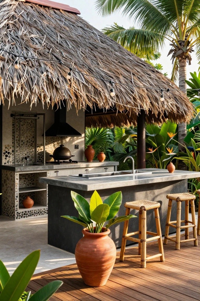 Outdoor kitchen under a thatched roof with concrete countertop, built-in grill, sink, rattan bar stools, potted plants, and surrounding tropical foliage on a wooden deck.