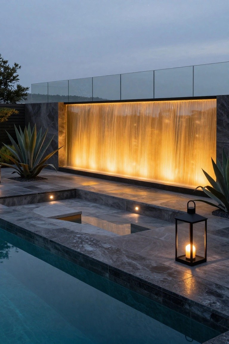 Dusk view of a backyard infinity-edge pool with gray stone decking, a tall backlit vertical water wall in gold tones flanked by black stone and agave plants, glass railing above, and a black metal lantern with candle nearby.