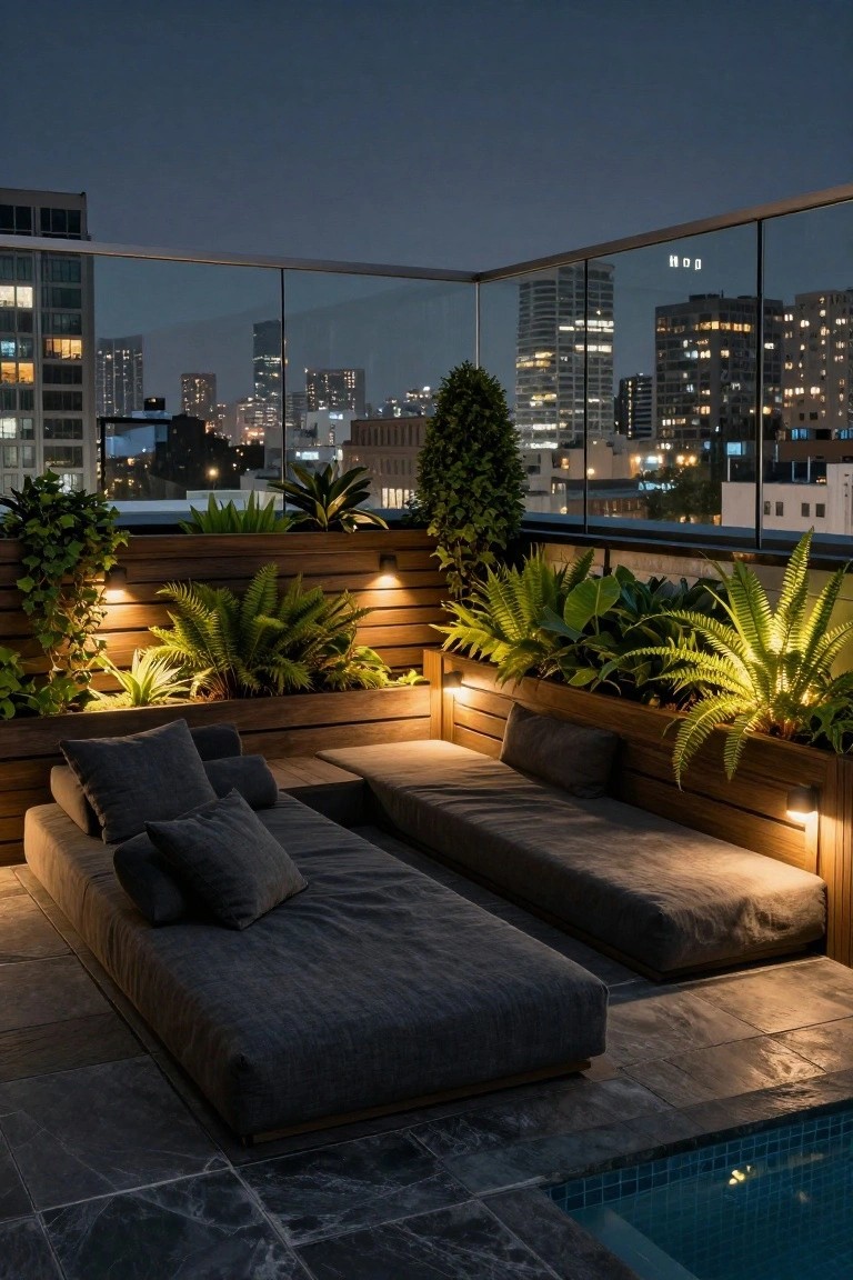 Nighttime view of a rooftop terrace with low gray loungers in wooden planters lit by recessed wall lights, surrounded by ferns and other plants, glass railing overlooking city lights, and an adjacent small pool with blue tiles.