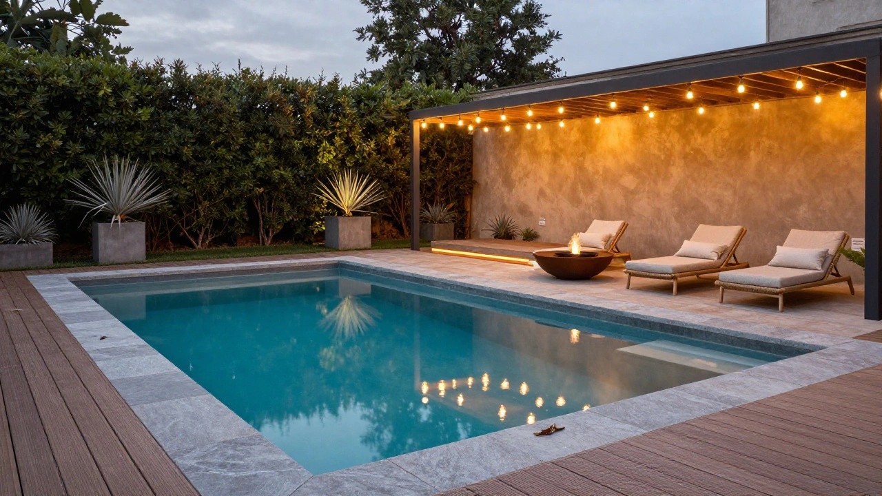 Dusk view of a backyard pool with turquoise water, adjacent wooden deck holding two cushioned lounge chairs and a round metal fire pit, pergola overhead strung with warm globe lights, tropical plants, hedges, and a stucco house with glass doors in the background.