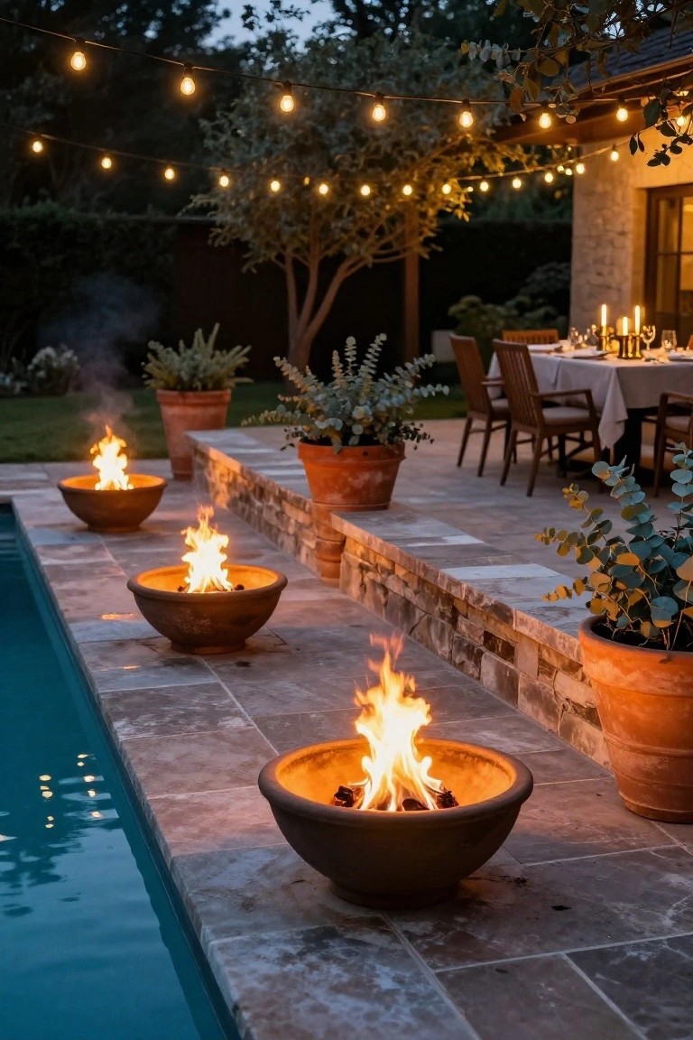 Dusk view of a backyard pool with multiple terracotta fire bowls along the stone deck edge emitting flames, potted plants nearby, string lights overhead, and a dining table set on a covered patio.