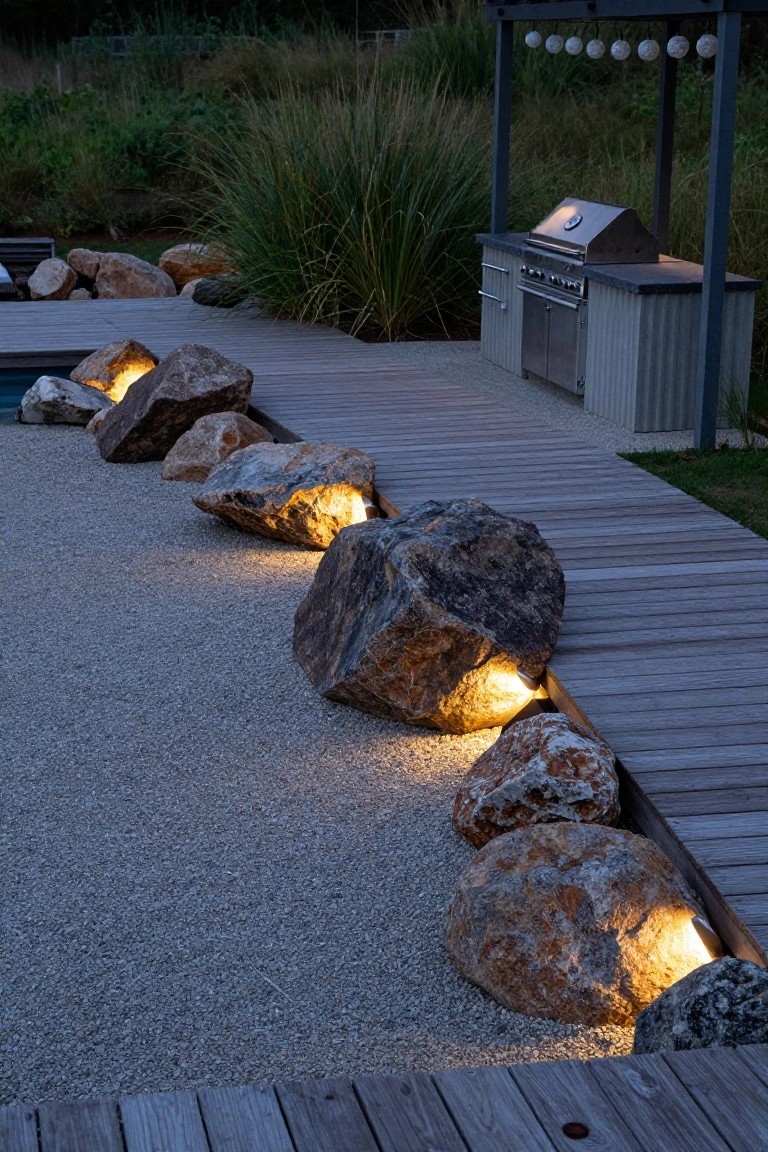 Wooden walkway bordering a pool area lined with large boulders glowing from embedded lights, set against gravel ground with grasses and a distant covered grill station.