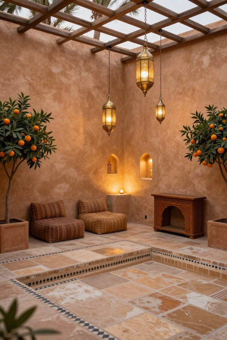 Enclosed courtyard with shallow rectangular pool, low beige pouf seating, two potted orange trees, hanging brass lanterns, wall niches with lights, and carved wooden side table against textured beige walls under wooden pergola.