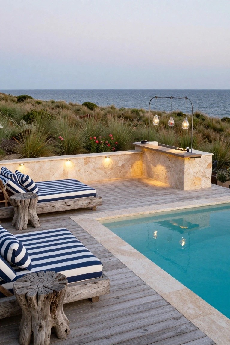 Poolside deck with two blue striped daybeds on wood platform next to turquoise pool, beige stone bar topped with wood counter and lit by hanging pendant lights, surrounded by dune grasses and ocean view at dusk.