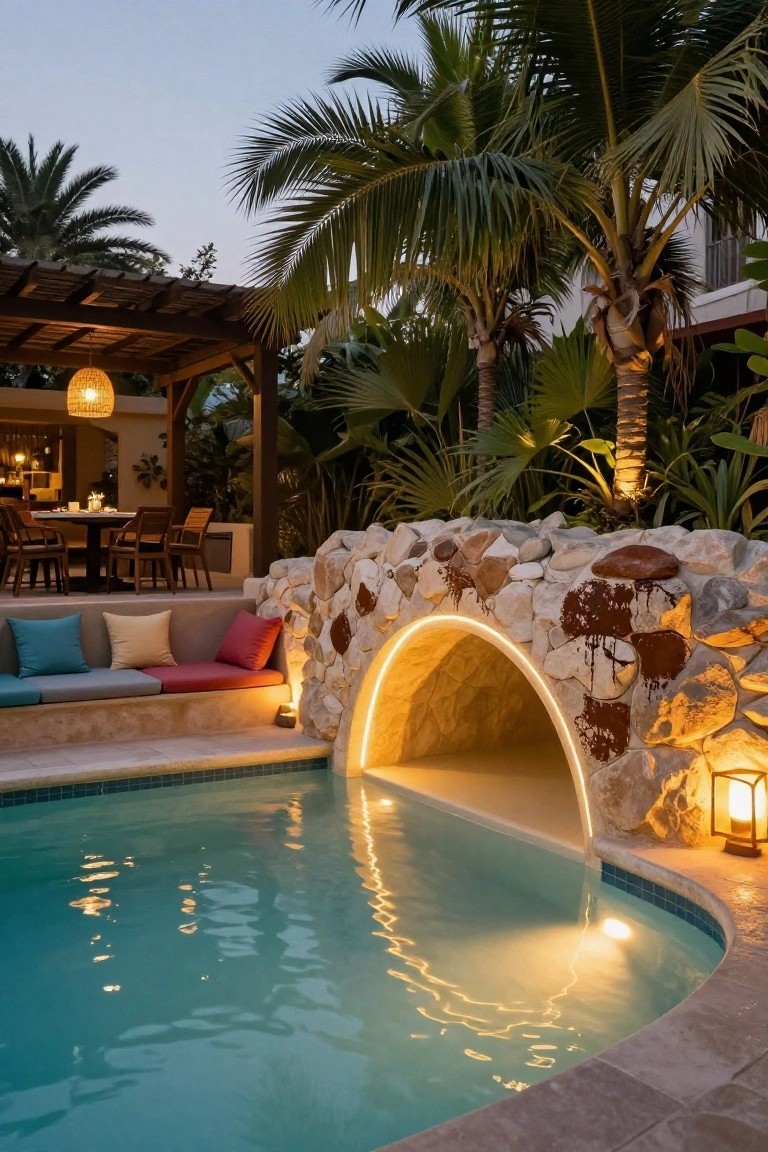 Backyard pool at dusk with turquoise water, a curved stone arch feature lined in yellow light at the edge, colorful cushions on built-in seating, lanterns, potted plants, and palm trees nearby.