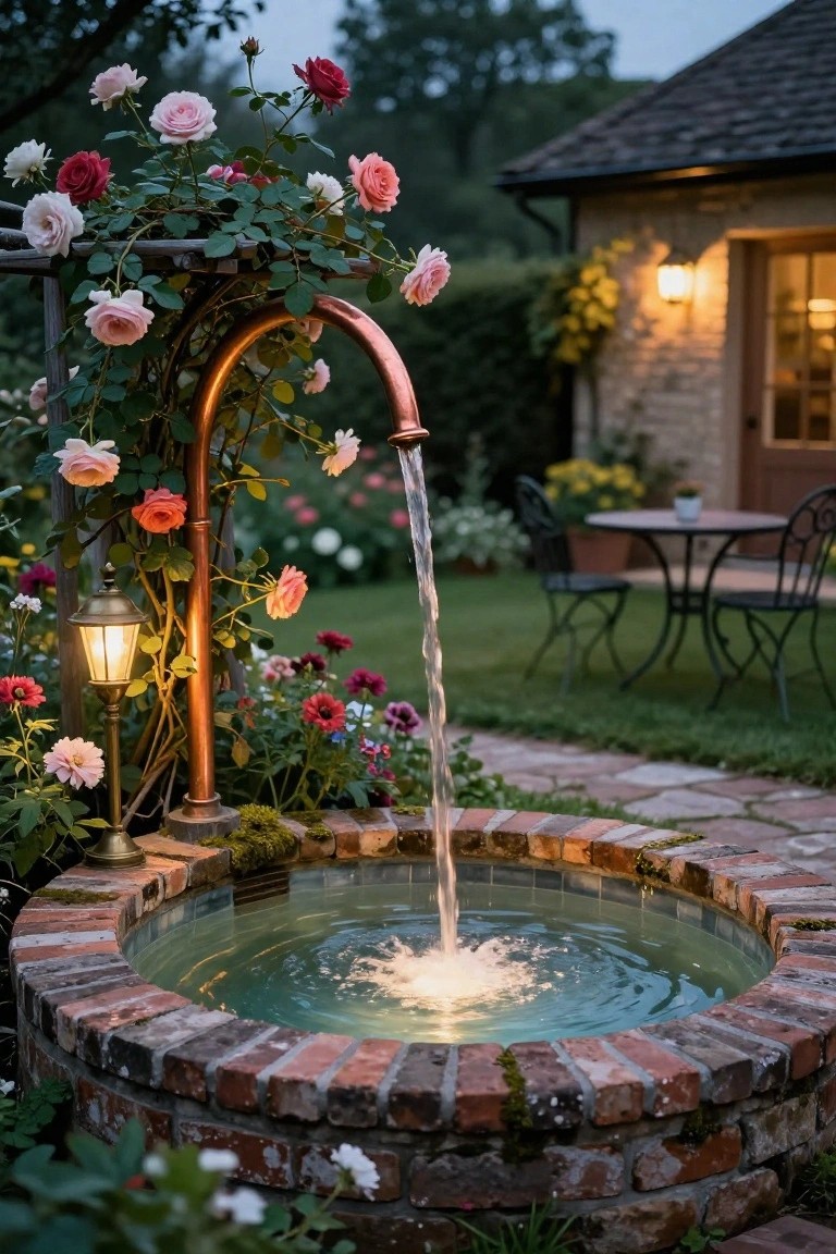 Circular brick fountain with water flowing from arched copper pipe entwined with pink and red climbing roses, lit by bronze lantern on pedestal, small round table with two chairs nearby, garden path and stone house in background at dusk.