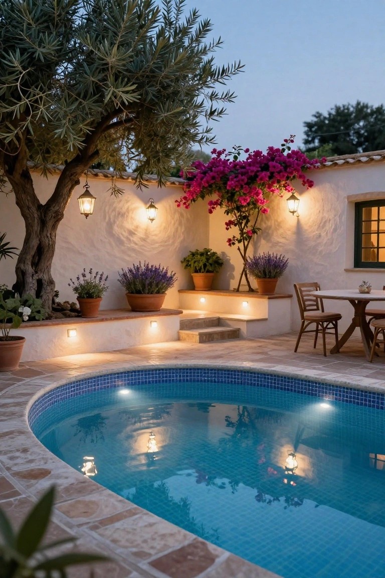 Curved blue-tiled pool at dusk in a walled outdoor patio with terracotta pavers, white stucco walls, olive tree, potted lavender and bougainvillea plants, hanging lanterns, wall lights, step lights, and wooden dining table with chairs.