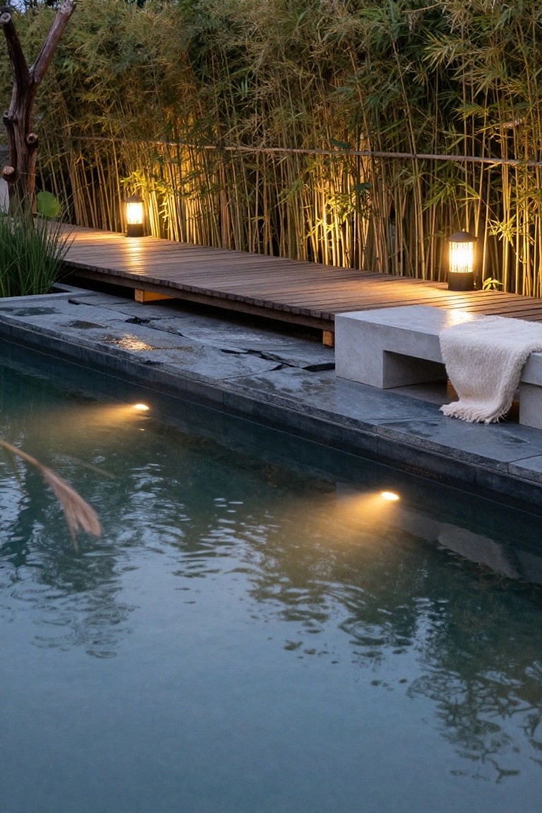 Evening backyard pool with wooden walkway lit by lanterns, tall bamboo screen, concrete bench with white blanket, and subtle underwater lights reflecting on the water.