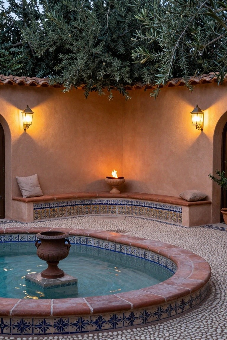 Small circular blue-tiled pool with central terracotta urn fountain in a pebble-floored courtyard, curved red-tiled benches with beige cushions around a lit fire bowl, flanked by stucco walls with arched doorways and lit wall lanterns, olive trees overhead.