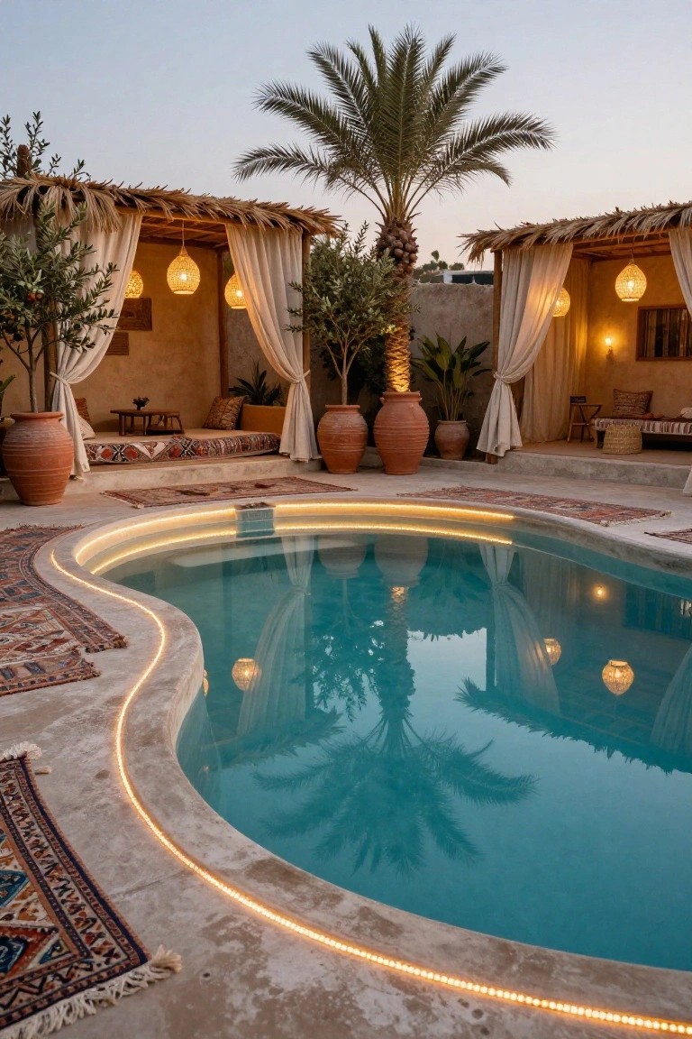 Curved outdoor swimming pool at dusk with embedded warm LED strip lights along the edge, flanked by Moroccan-style cabanas with sheer curtains, hanging lanterns, large terracotta pots, olive trees, patterned rugs, and a palm tree in the background.