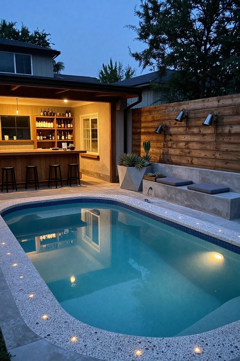 Oval turquoise pool in a backyard at dusk, with pebble surround deck featuring recessed glowing lights, adjacent wooden bar with stools, concrete bench with cushions, succulents in geometric pots, and wooden fence with wall lights.