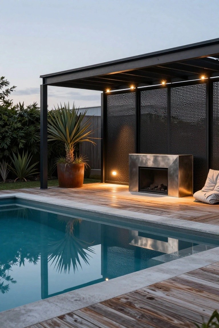 Modern backyard pool area at dusk with black steel pergola strung with warm lights, illuminated stainless steel fire pit on wooden decking, potted palm trees, and white bean bag chair beside turquoise pool water.