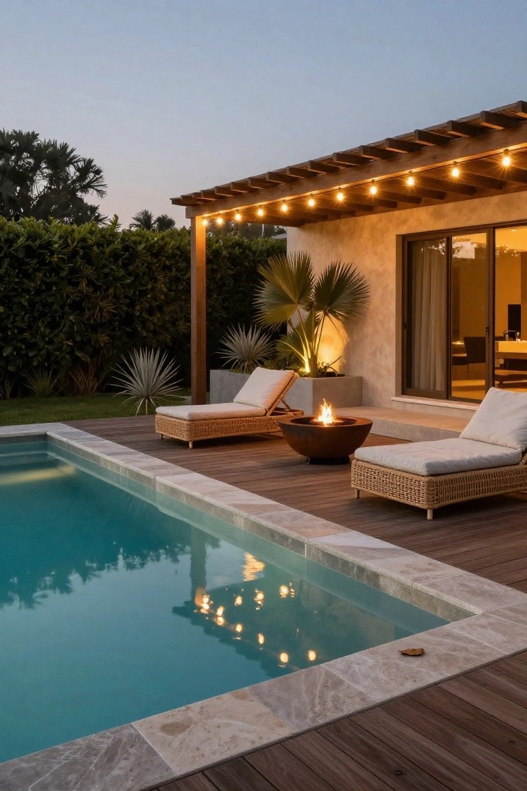 Dusk view of a backyard pool with turquoise water, adjacent wooden deck holding two cushioned lounge chairs and a round metal fire pit, pergola overhead strung with warm globe lights, tropical plants, hedges, and a stucco house with glass doors in the background.
