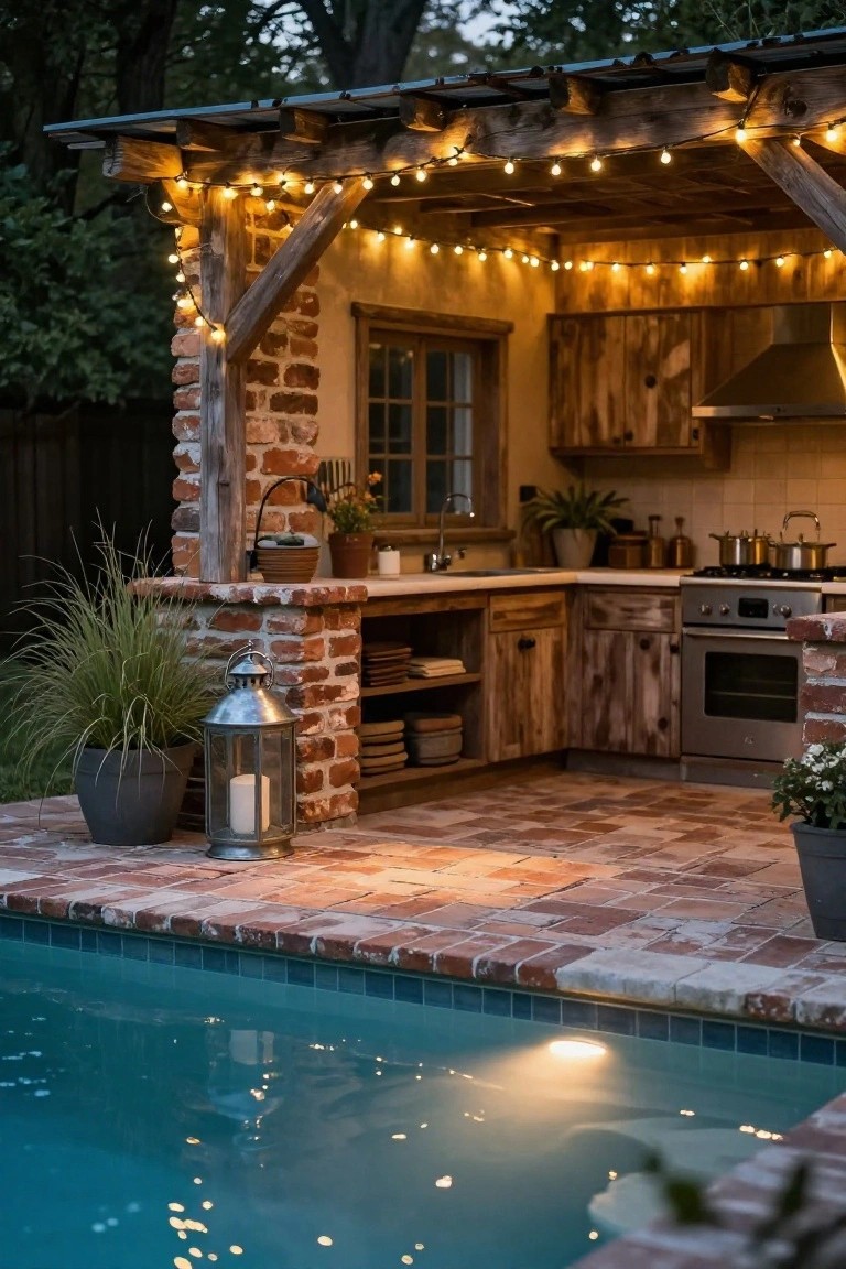 Wooden pergola with draped string lights over brick outdoor kitchen adjacent to swimming pool at dusk, with potted plants and lanterns nearby