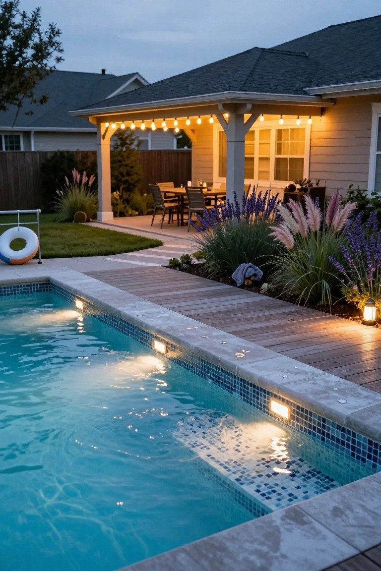 Backyard pool at dusk with recessed lights under the coping illuminating the water, wooden deck pathway with integrated lighting, pergola strung with bulb lights, potted plants, and ornamental grasses nearby.