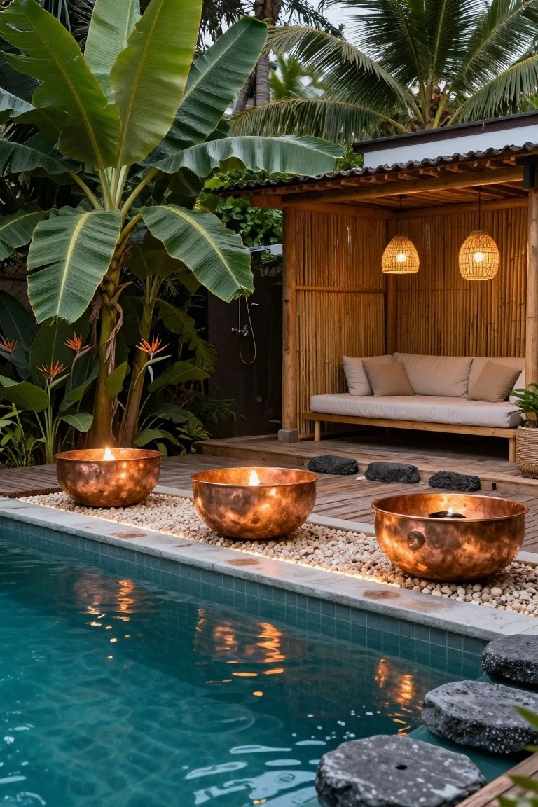 Backyard pool at dusk with three large copper fire bowls along the edge emitting flames, next to a bamboo outdoor shower structure with bench seating and hanging lanterns amid tropical plants and pebbles.