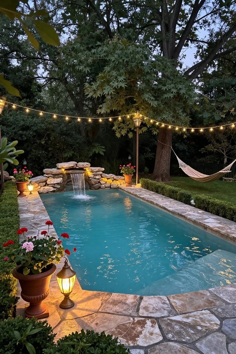 Rectangular turquoise pool with rock waterfall at one end, surrounded by stone pavers, boxwood hedges, potted red flowers, hanging string lights overhead, lanterns, and a hammock near trees at dusk.