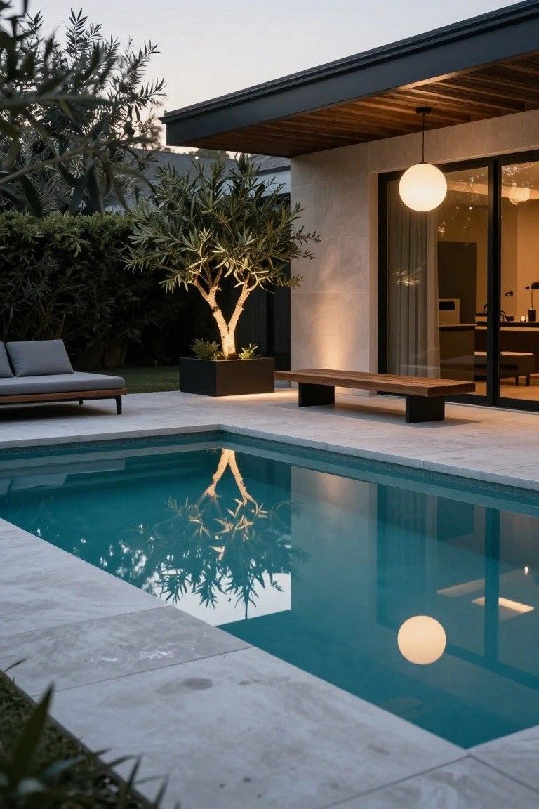 Modern backyard pool at dusk with uplit olive tree in black planter nearby, gray outdoor daybed, wooden bench, hanging white globe light over glass doors to house, and travertine pool deck.