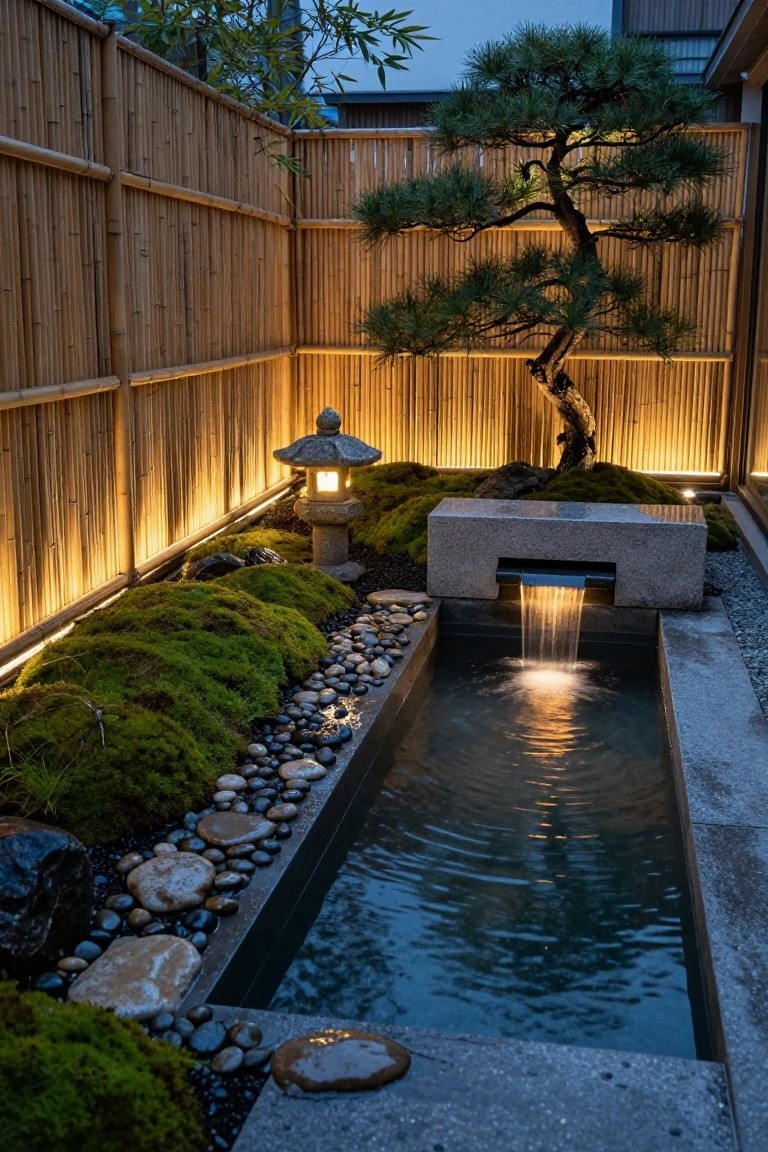 Small rectangular pool with waterfall in a Japanese-style garden at dusk, featuring warm LED strip lights along concrete edges, surrounded by moss, rocks, bamboo fencing, bonsai pine tree, and stone lantern.
