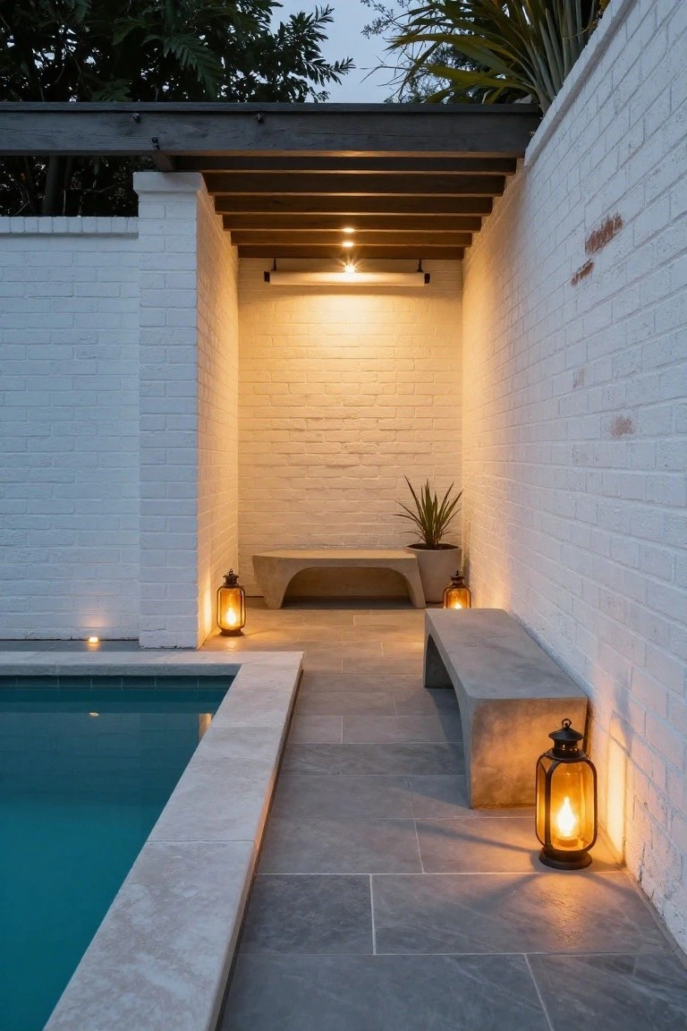 Evening view of a concrete bench under a wooden pergola next to an in-ground pool, lit by two ground lanterns and recessed lights against white brick walls with plants nearby.