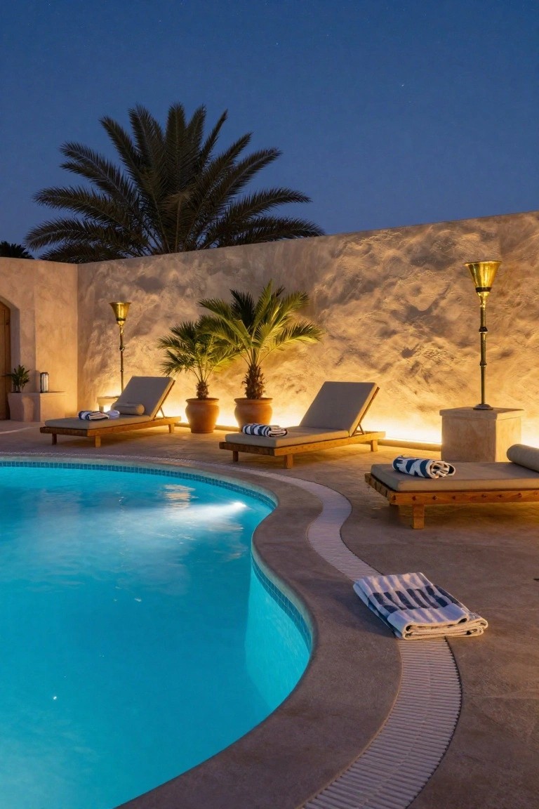 Curved turquoise pool at night with wooden loungers draped in blue towels, potted palms, a tall golden lamp, and soft uplighting along beige stucco walls.