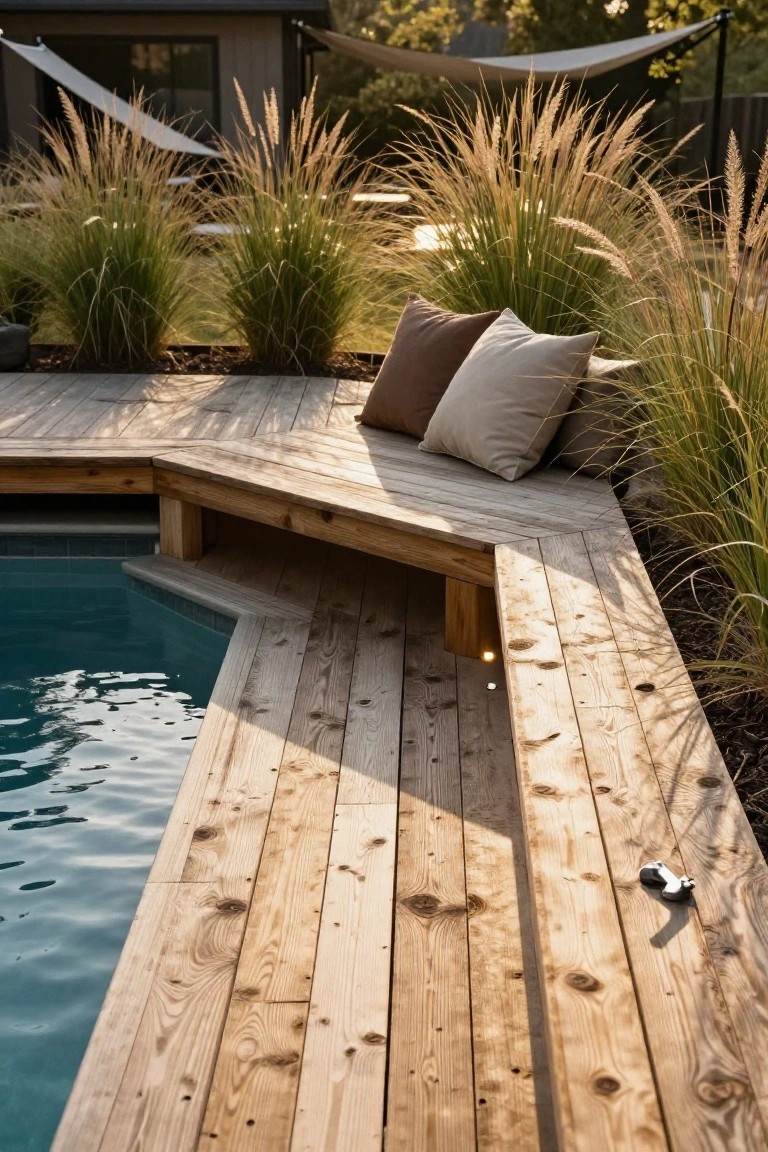 23 Gorgeous Backyard Swimming Pool Ideas For Everyday Relaxation Wooden deck around a turquoise in-ground pool with built-in L-shaped bench holding beige and brown pillows, tall grasses nearby, and a house in the background at sunset.