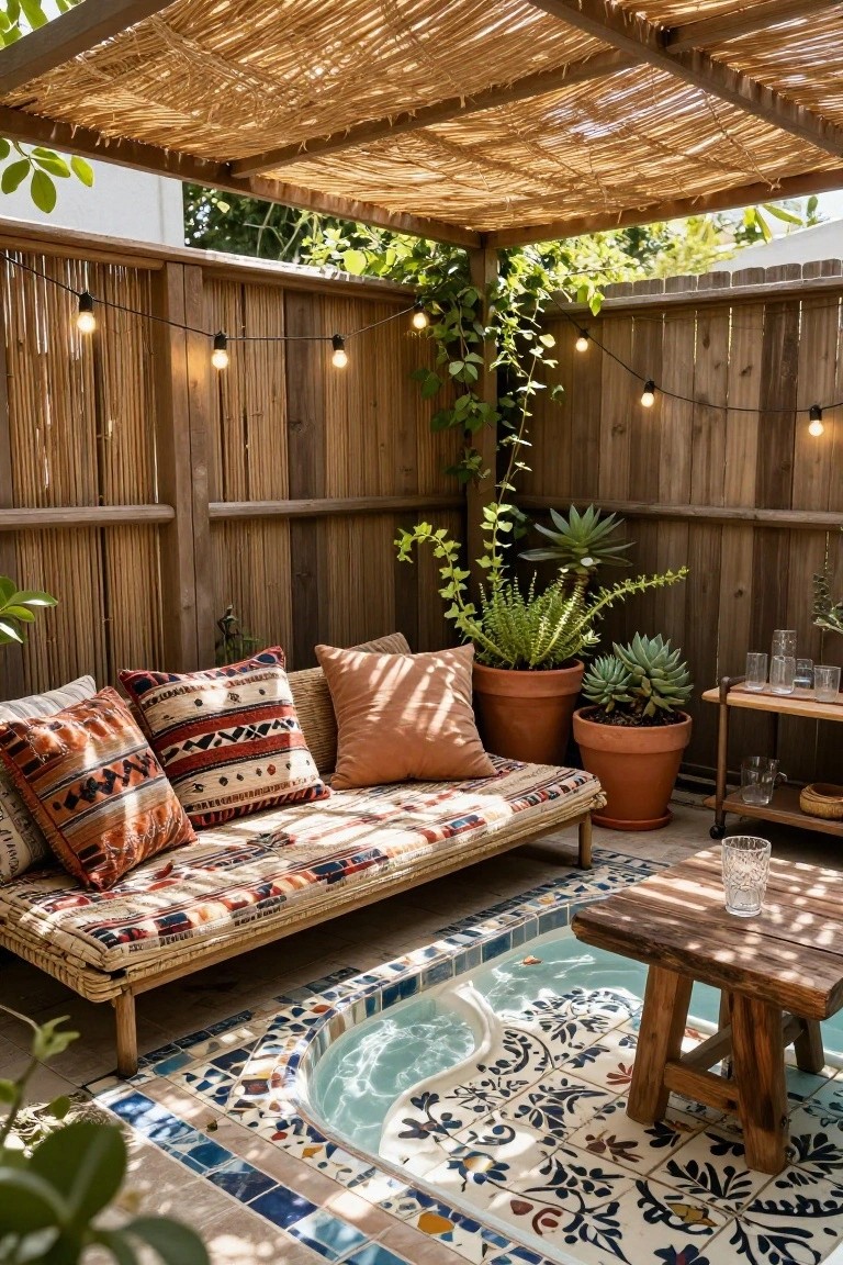 23 Gorgeous Backyard Swimming Pool Ideas For Everyday Relaxation Backyard corner with small turquoise plunge pool tiled in blue and white patterns, rattan daybed with patterned pillows and cushions, potted succulents, wooden side table, string lights, plants climbing a bamboo and wood fence, under a thatched roof pergola.