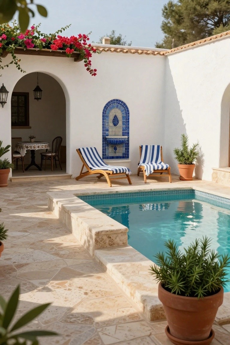 23 Gorgeous Backyard Swimming Pool Ideas For Everyday Relaxation Small turquoise pool in a white stucco courtyard with two wooden lounge chairs covered in blue striped towels, potted plants, bougainvillea vines, a blue tiled wall fountain, and an arched doorway leading indoors.