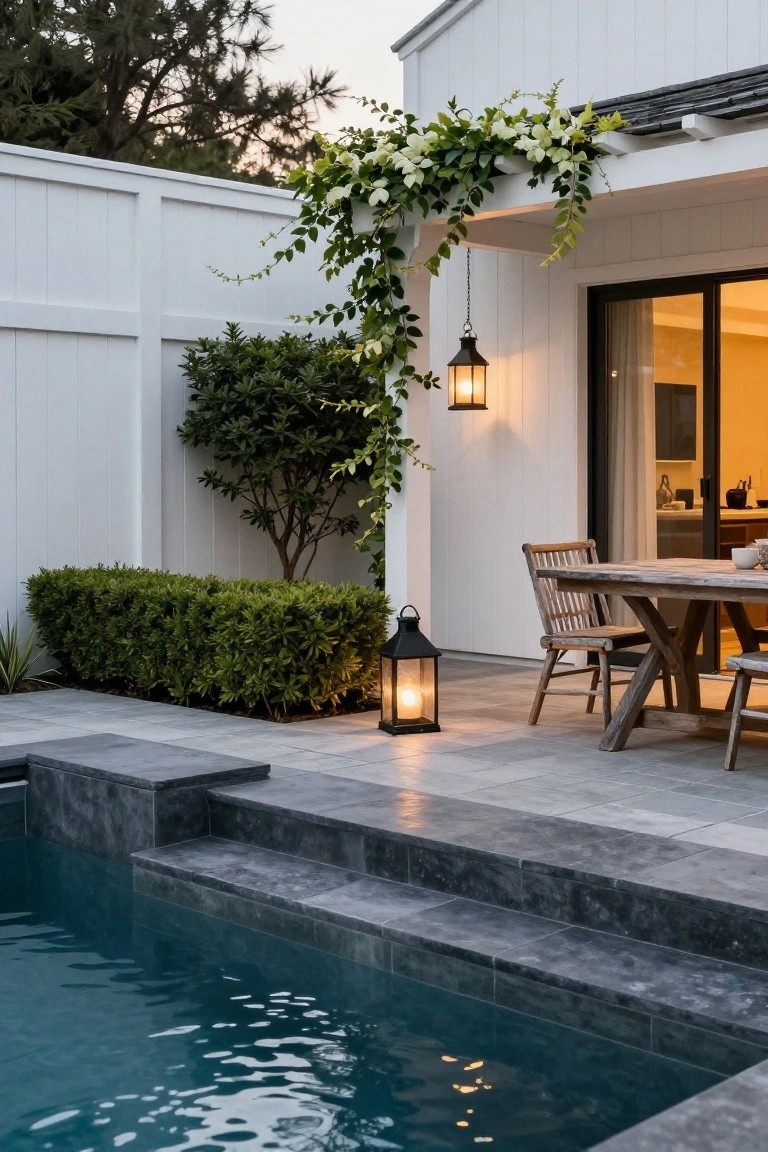 23 Gorgeous Backyard Swimming Pool Ideas For Everyday Relaxation Backyard swimming pool with dark stone steps and tiled patio holding a wooden dining table with chairs, lit by hanging lantern and floor lantern, next to white fence with hedges and climbing vines.