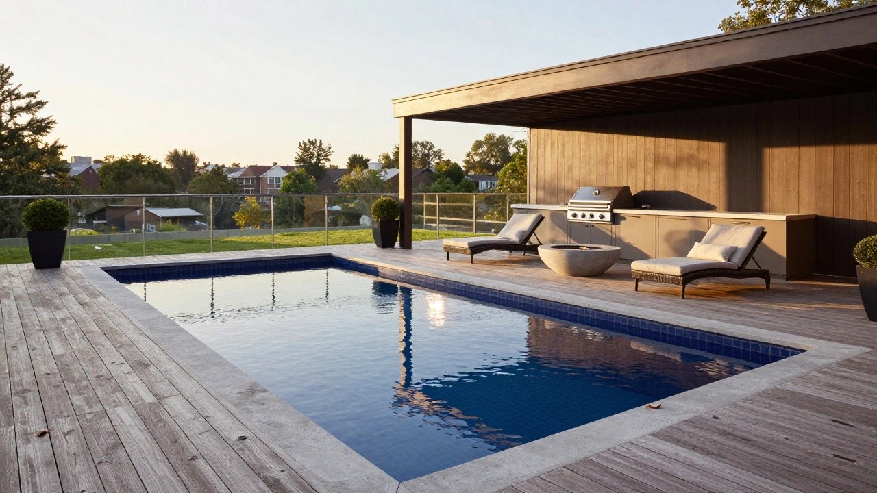 Elevated rectangular swimming pool with blue tile edges integrated into a wooden deck, lounge chair at poolside, nearby outdoor kitchen with grill, concrete fire pit, potted plants, and sunset view over greenery.