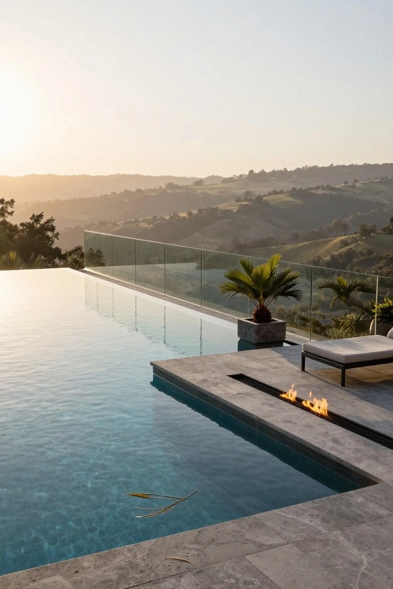 23 Gorgeous Backyard Swimming Pool Ideas For Everyday Relaxation Infinity edge swimming pool on a gray stone terrace with glass railing, linear gas fire feature along the edge, beige lounge chair, potted palm tree, and view of rolling green hills at sunset.
