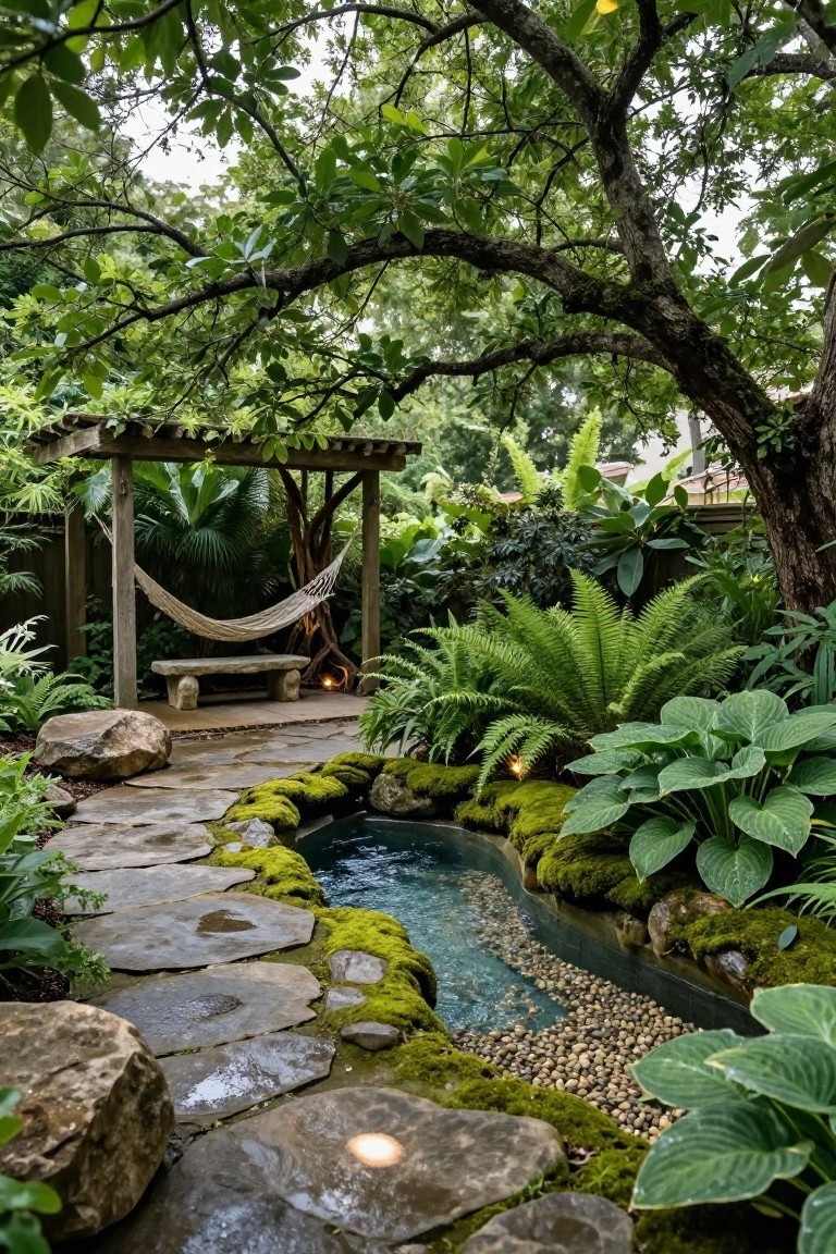 23 Gorgeous Backyard Swimming Pool Ideas For Everyday Relaxation A small turquoise pond with pebble bottom and moss-covered stone edges in a lush green garden, bordered by a winding path of irregular flat stones, ferns, hostas, rocks, and a distant wooden pergola with hammock.
