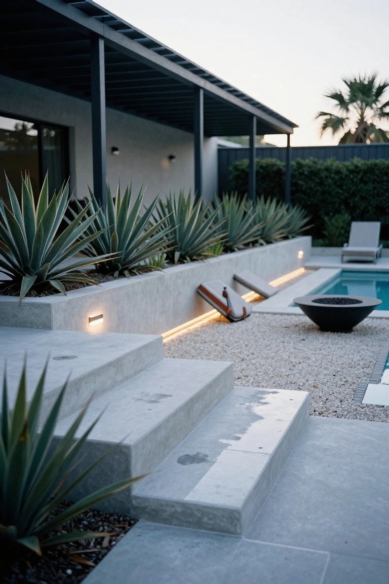 23 Gorgeous Backyard Swimming Pool Ideas For Everyday Relaxation Backyard infinity pool with concrete steps featuring underlit LED strips, surrounded by agave plants in raised planters, pebble ground cover, a round fire bowl, lounge chairs, and a covered patio area.