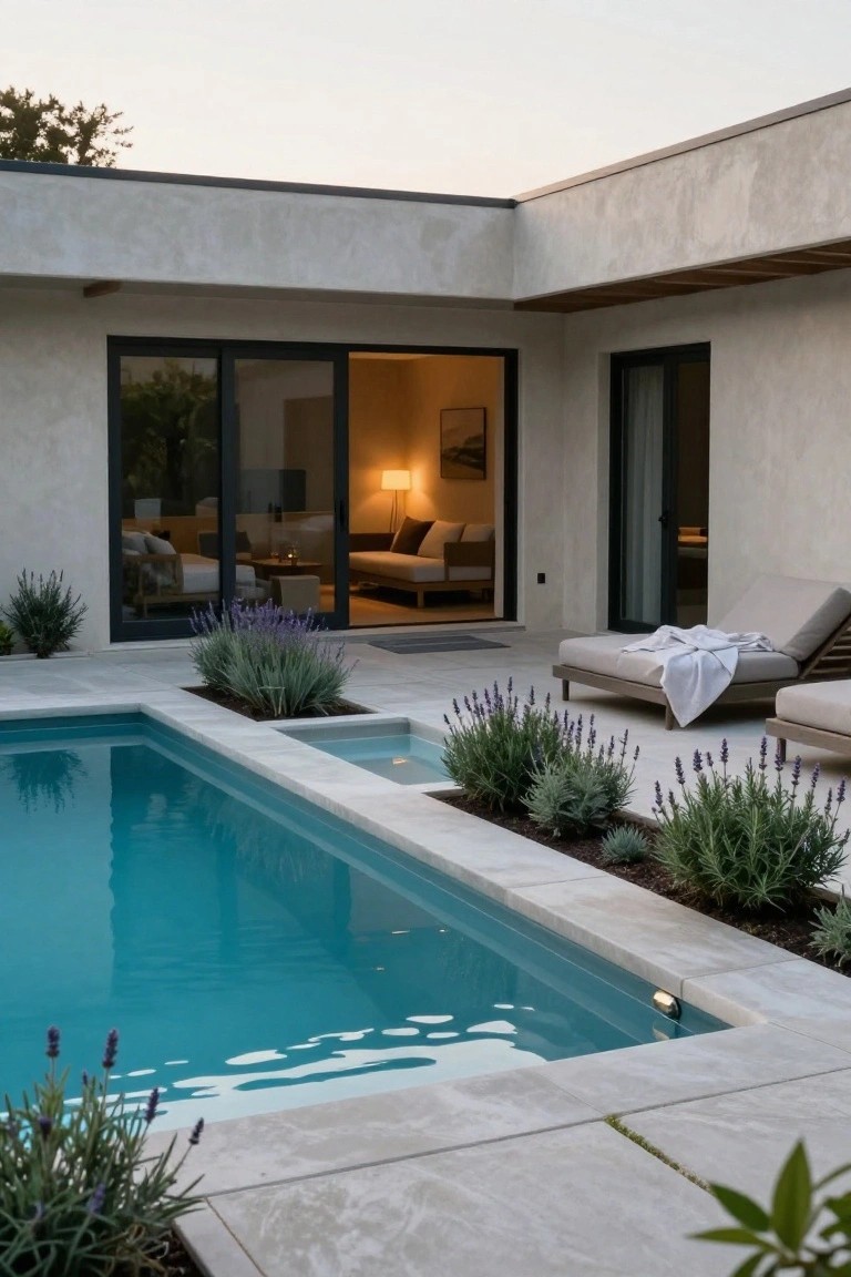 23 Gorgeous Backyard Swimming Pool Ideas For Everyday Relaxation Modern beige stucco house with open black-framed sliding glass doors revealing indoor living area, turquoise lap pool integrated into gray stone terrace, two beige lounge chairs with white throw, and lavender plants along pool edges.