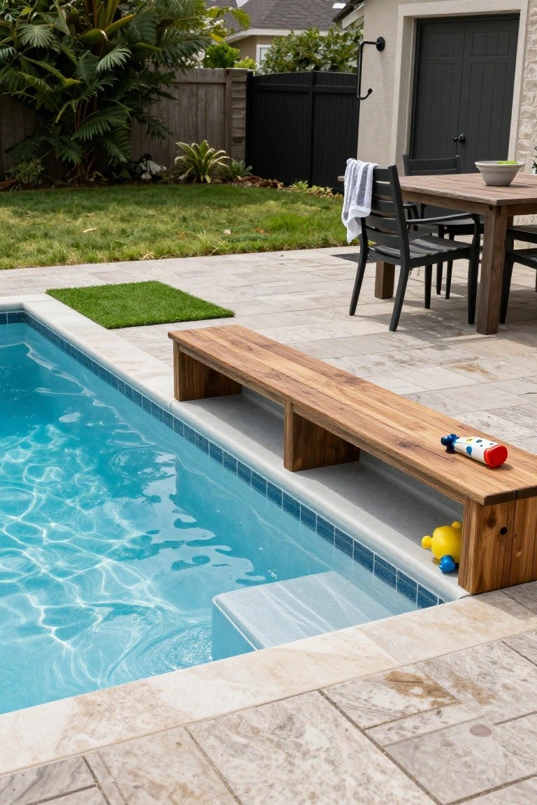 23 Gorgeous Backyard Swimming Pool Ideas For Everyday Relaxation Wooden bench built along the edge of a turquoise inground pool with colorful rubber duck toys stored underneath, on a light-colored stone patio near artificial turf and an outdoor dining table.
